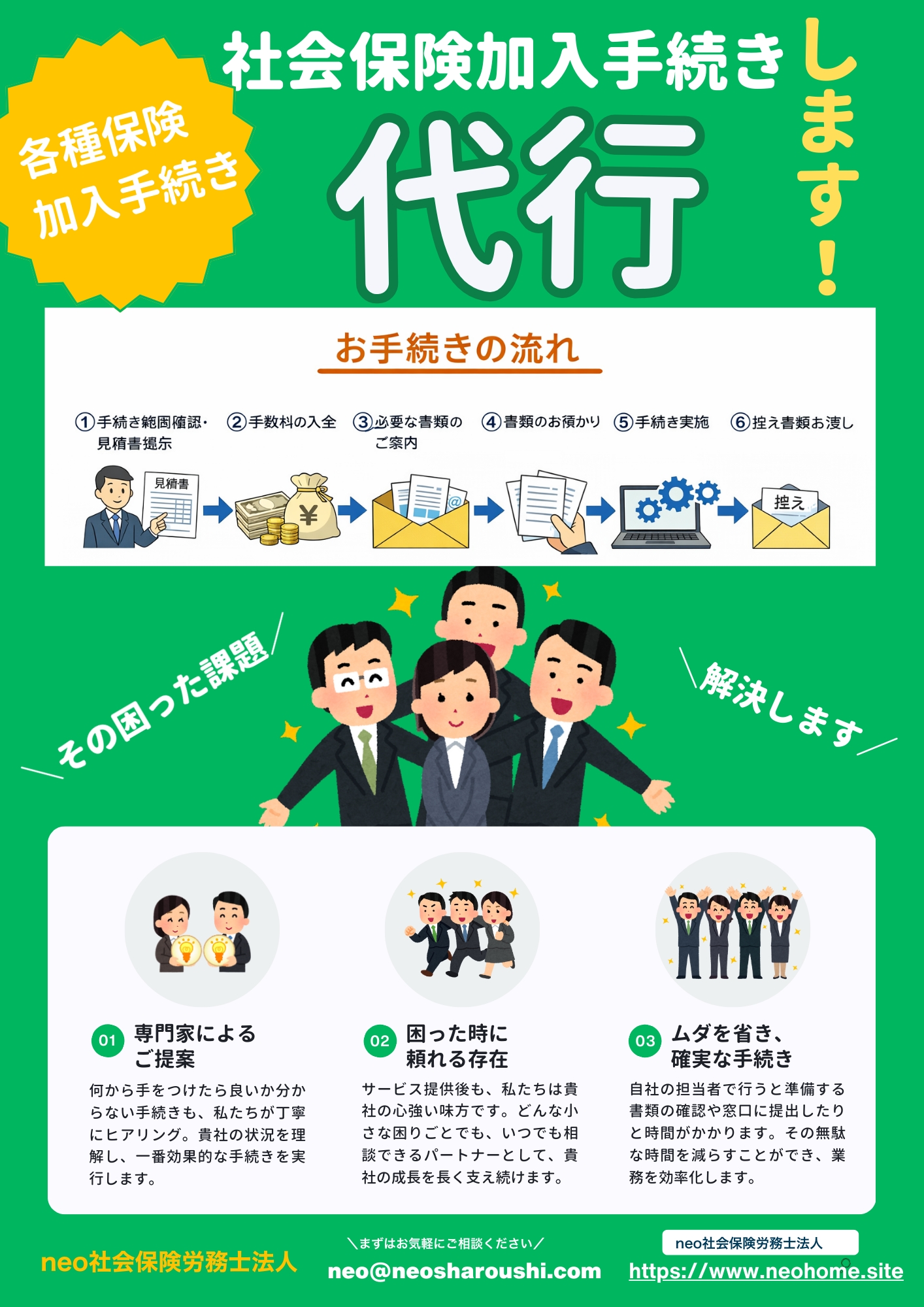 社会保険加入手続きをneo社会保険労務士法人が代行します